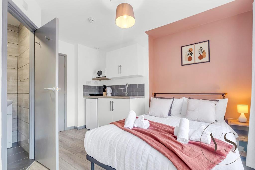 特伦特河畔斯托克Gorgeous Studio B - Wi-Fi Alton Towers Netflix的一间卧室配有一张带粉红色墙壁的大床