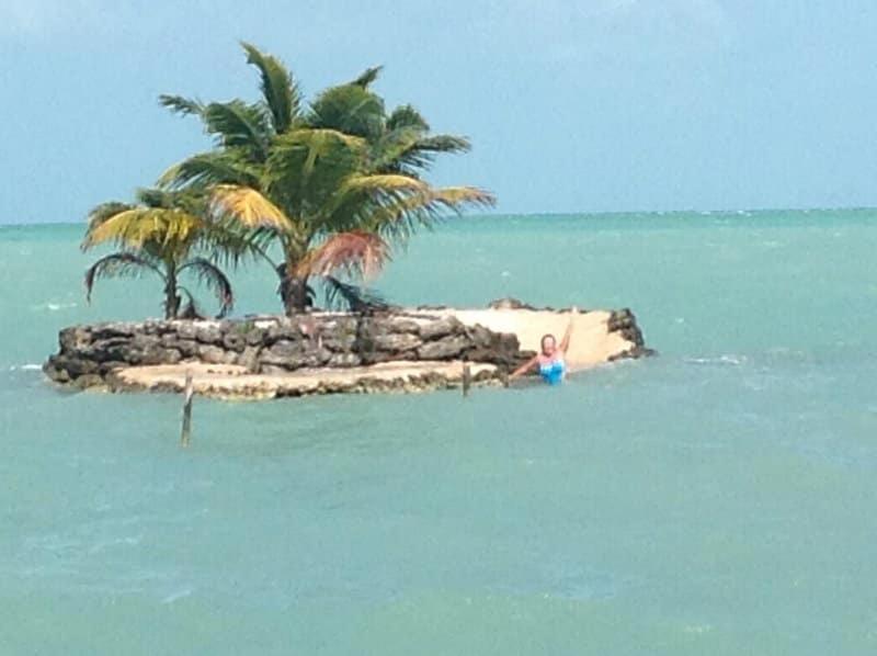 White HillMermaid Manor Belize的岛上水中的人,两棵棕榈树