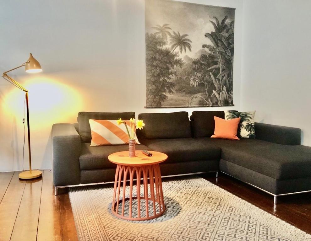 杜伊斯堡Apartments "Am Rheinorange", Netflix, Amazon Prime的客厅配有沙发和桌子