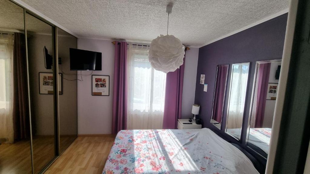 维特内姆Agréable maison au calme的一间卧室设有紫色的墙壁、一张床和镜子