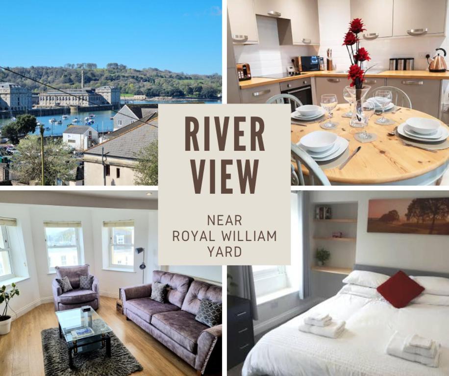 普里茅斯River Views, Free Parking, Near Royal William Yard的厨房和客厅的图片拼合
