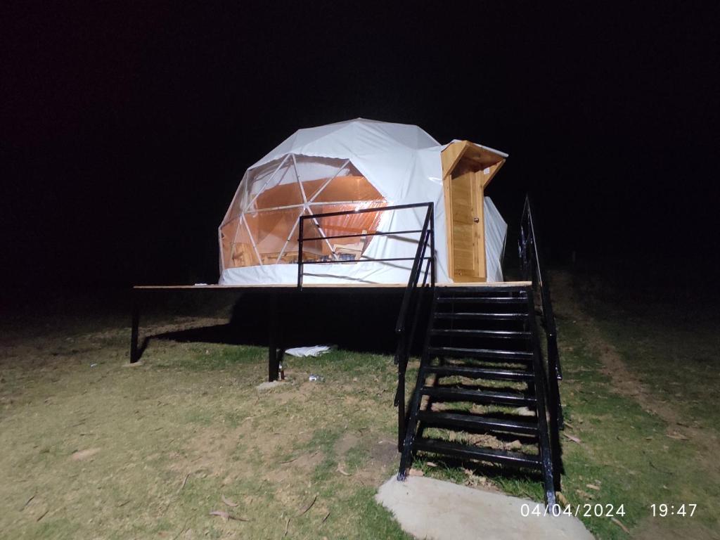 科代卡纳尔Kodai Glamp的夜晚在田野上带楼梯的蒙古包