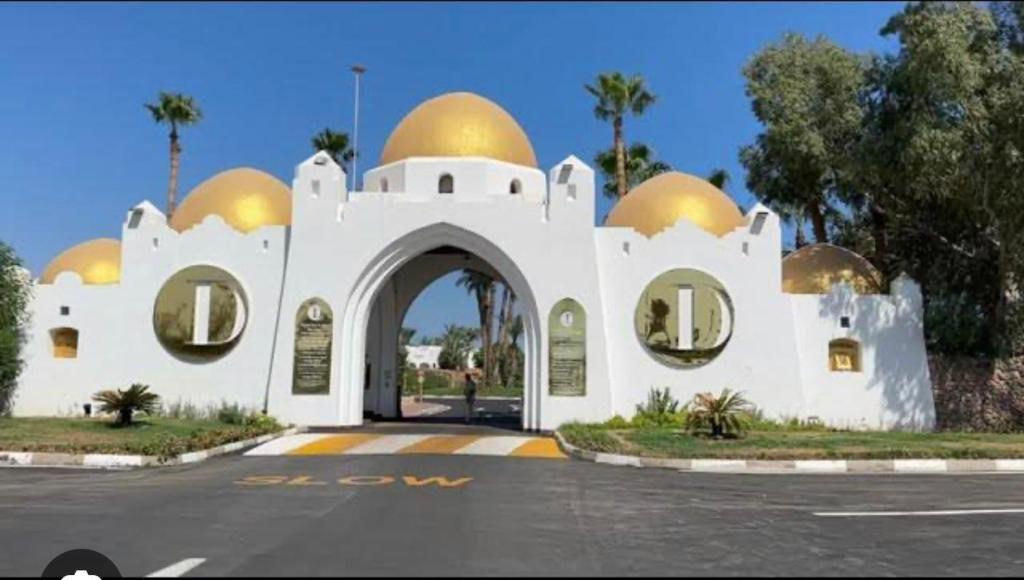 沙姆沙伊赫Domina coral Bay diving Spa casino sultan beach的上面有金色圆顶的白色建筑
