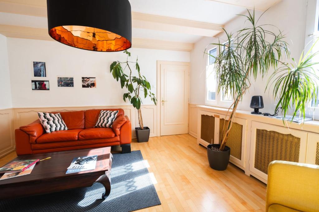 圣伊波利特La Cour St-Fulrad - Appartements的带沙发和两株盆栽植物的客厅