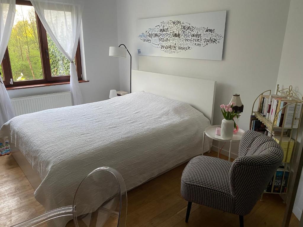 RixensartLa maisonnette du lac de Genval的一间卧室配有一张床、一把椅子和一张桌子