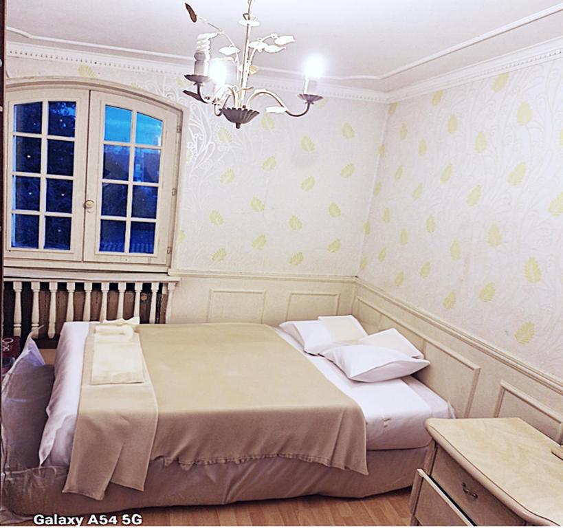 德朗西Jolie demeure proche stade de France的一间卧室配有一张床和一个吊灯