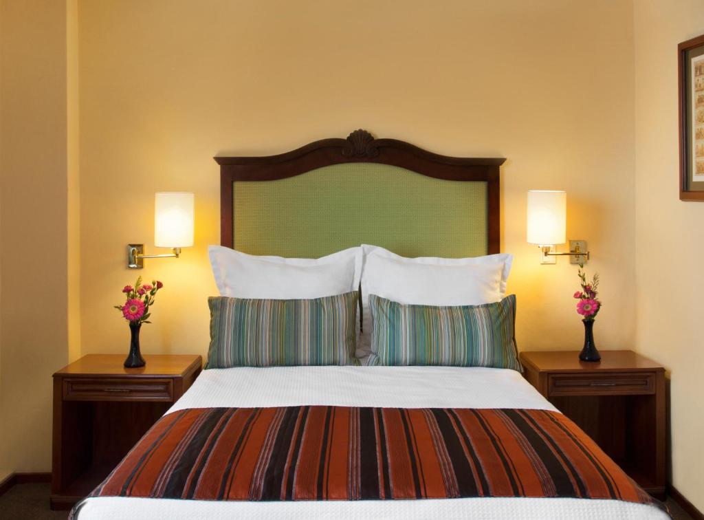 阿瓜斯卡连特斯弗朗西亚阿瓜斯卡连特斯酒店的一间卧室配有一张大床、枕头和两盏灯。