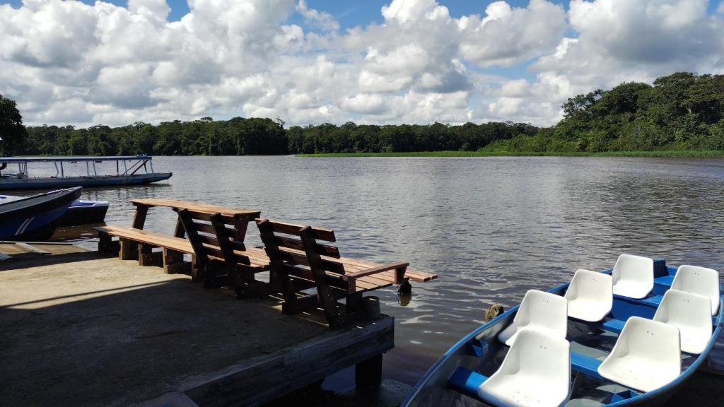 托尔图格罗Hotel Pura Natura Riverside Tortuguero的湖上带椅子和船只的码头