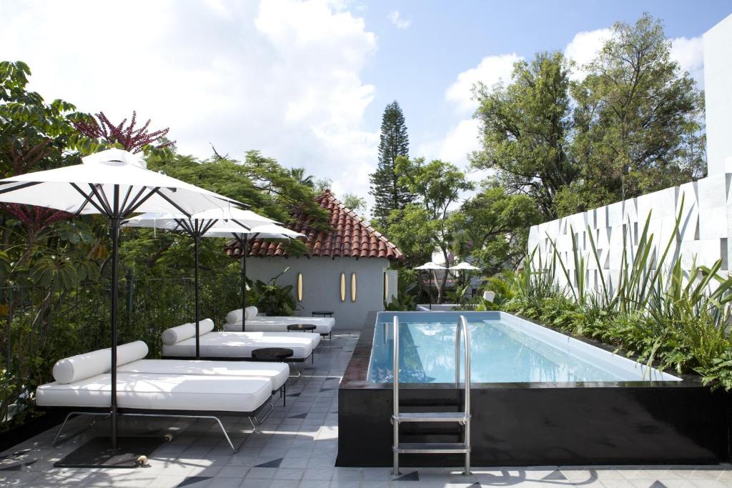 瓜达拉哈拉Casa Habita, a Member of Design Hotels的一个带躺椅和遮阳伞的游泳池