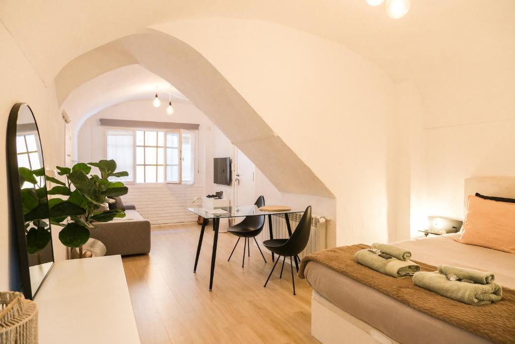 贝萨卢Casa Besalú LEstudi的一间卧室设有一张床和一间客厅。