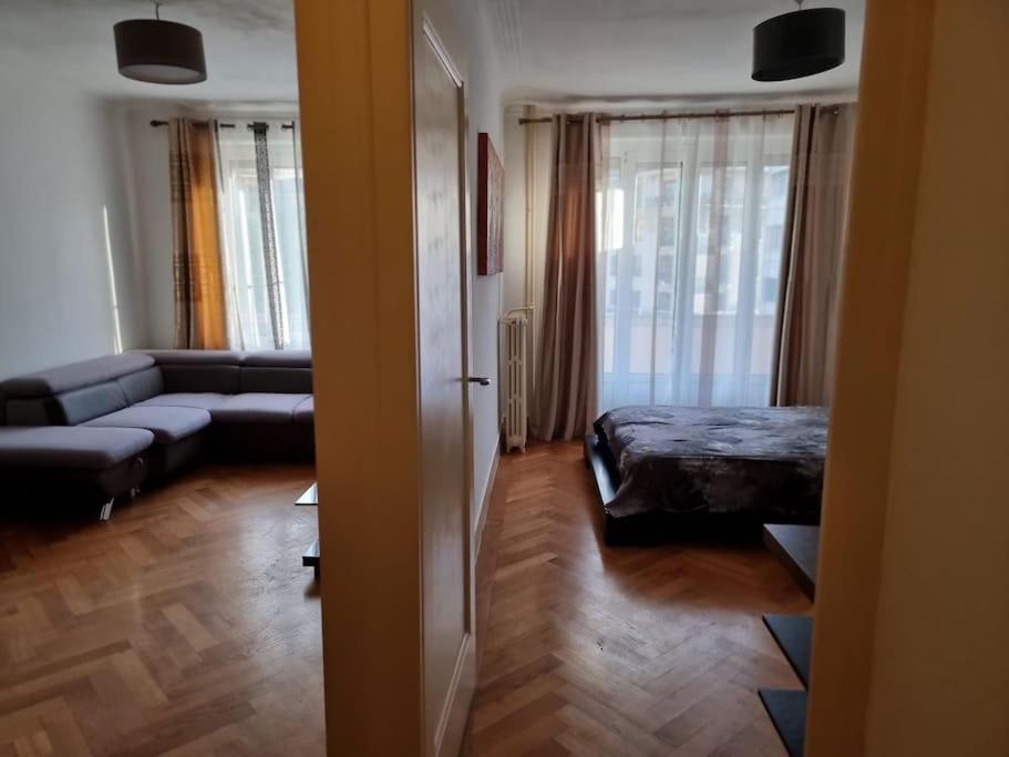 日内瓦Joli appartement aux Eaux Vives的客厅配有床和沙发