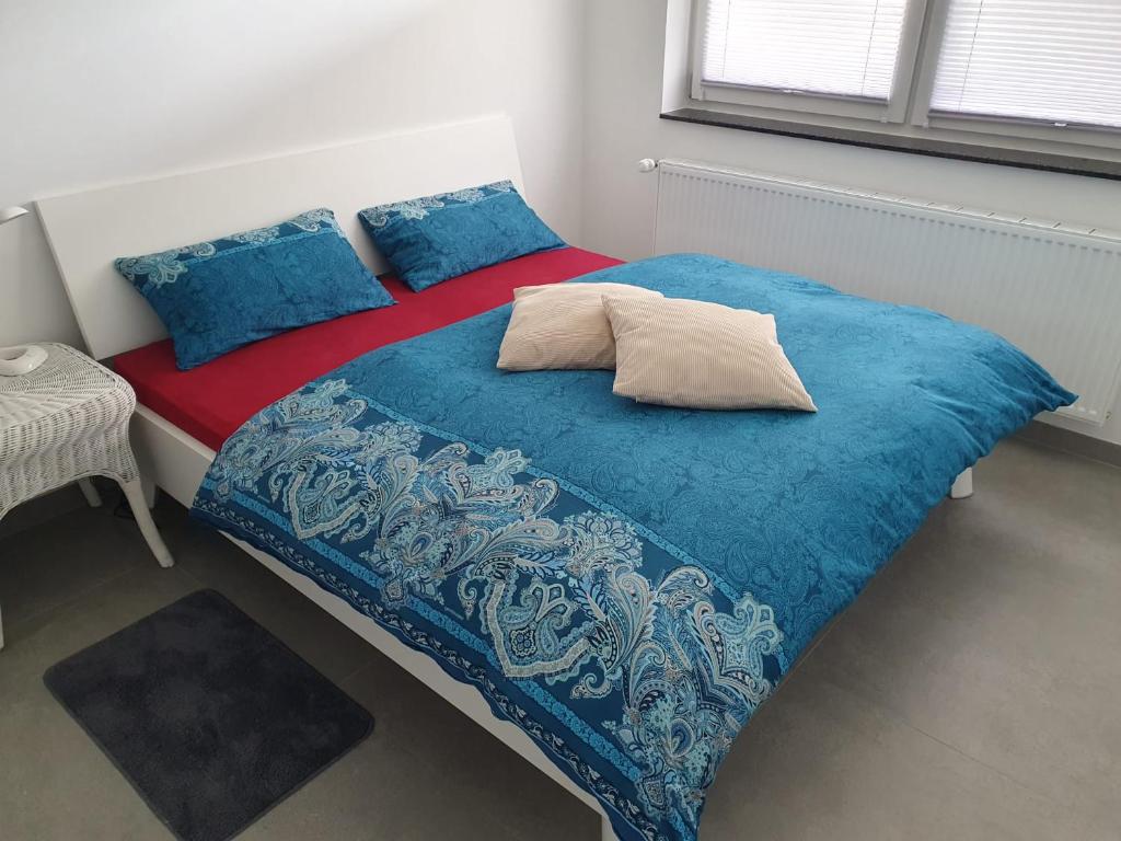 布罗因灵恩Ferienwohnung am Bregenberg的一间卧室配有蓝色和红色的床