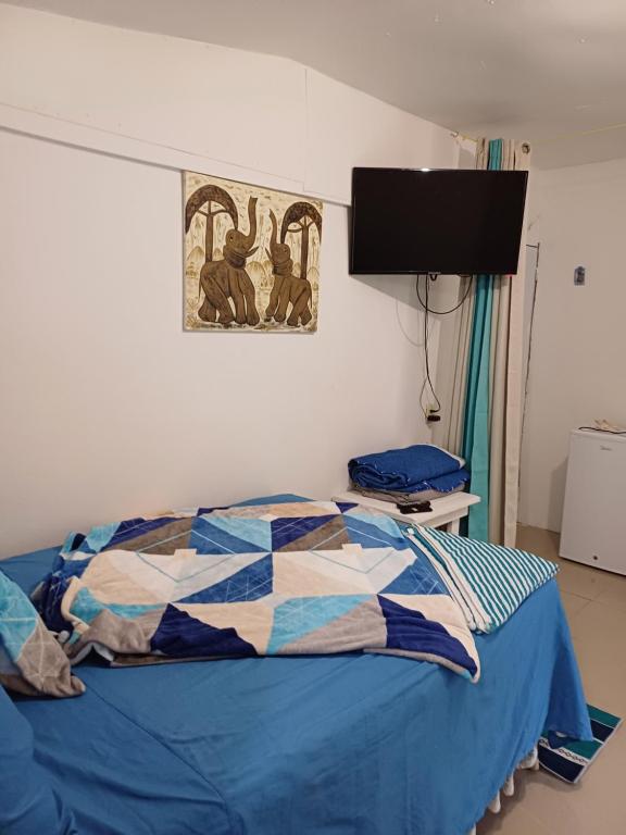 巴亚希贝Habitación margarita的一间卧室配有一张带蓝色棉被的床