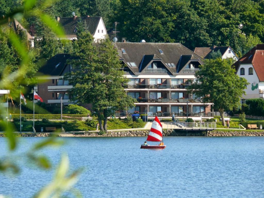 马兰迪Landhuus Dieksee的在酒店前面的水面上的小帆船