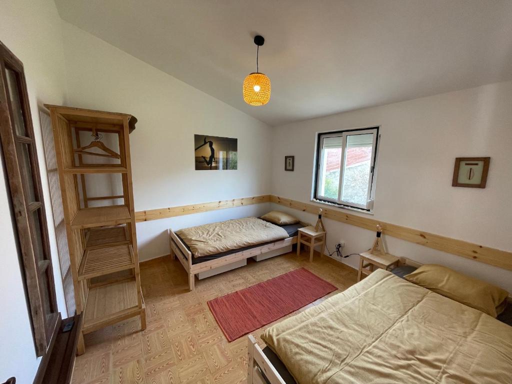 拉波塞拉Happy Hostel Sagres的一间卧室设有两张床和书架
