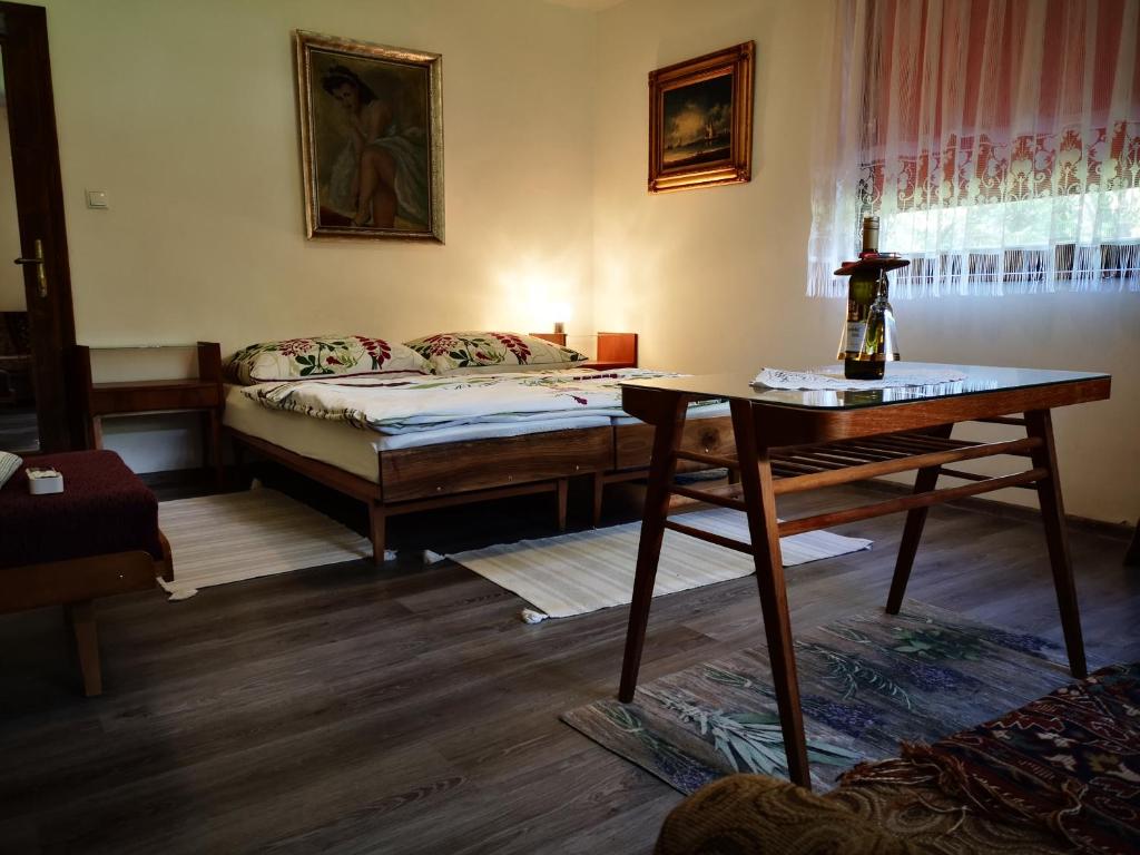 Blatná PoliankaRanč Nová Zem的客房设有一张床、一张桌子和一张书桌。