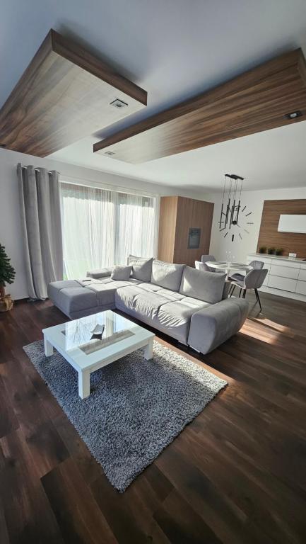 索利纳Dom - Apartamenty Prestige - opcja jacuzzi i sauna的带沙发和咖啡桌的客厅