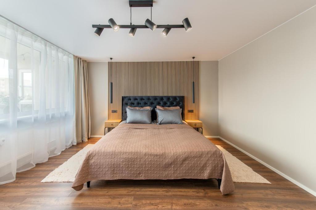 RadviliškisStiklo Apartamentai的一间卧室配有一张带蓝色枕头的大床
