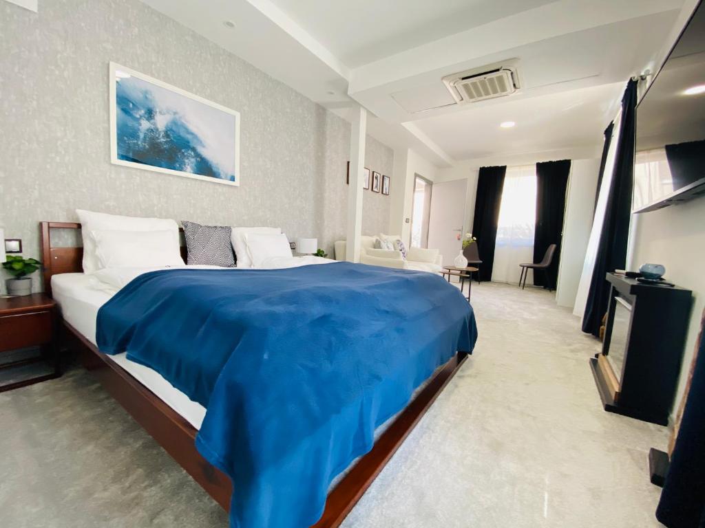 巴拉顿凯奈谢Hotel Dolce Vita的一间卧室配有一张带蓝色毯子的大床
