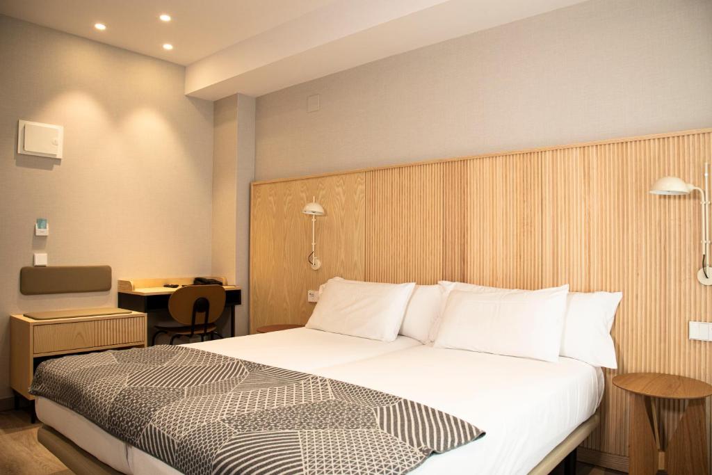 艾因萨Hotel Dos Rios Origen的配有一张床和一张书桌的酒店客房