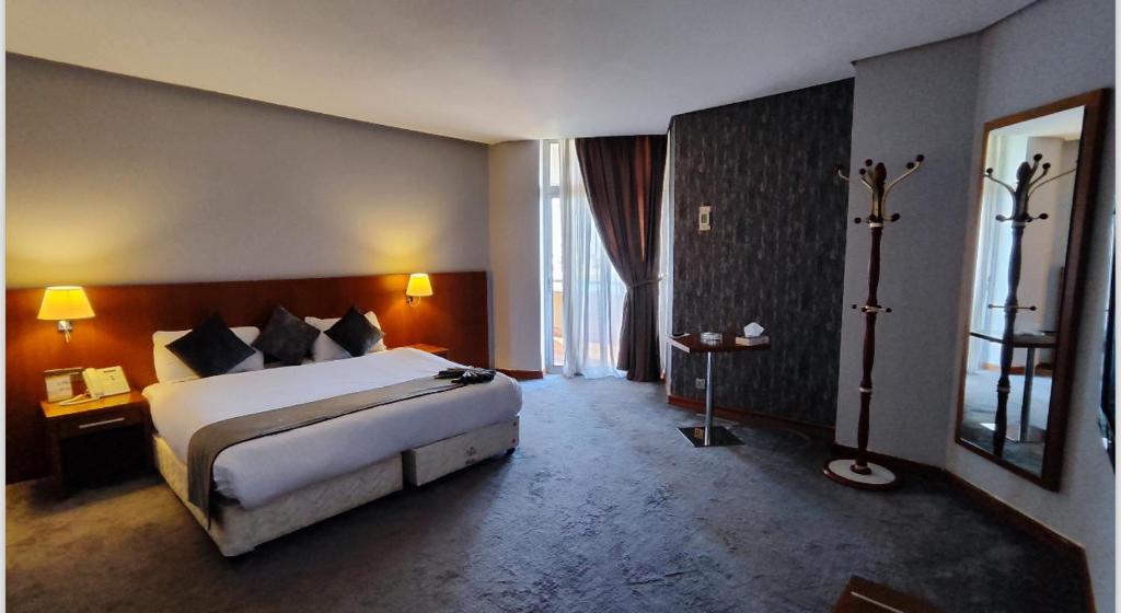 巴格达Almansour Hotel的一间卧室设有一张大床和一个大窗户