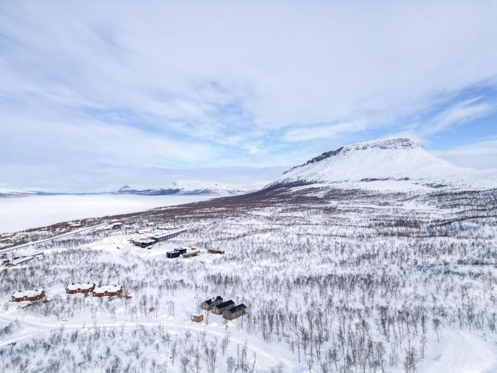 基尔匹斯扎我维Naali的一座有树木和山的雪覆盖的山丘