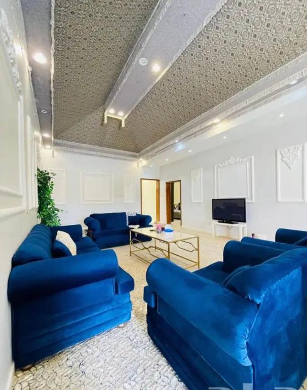 艾卜哈السحاب的客厅配有蓝色的沙发和电视