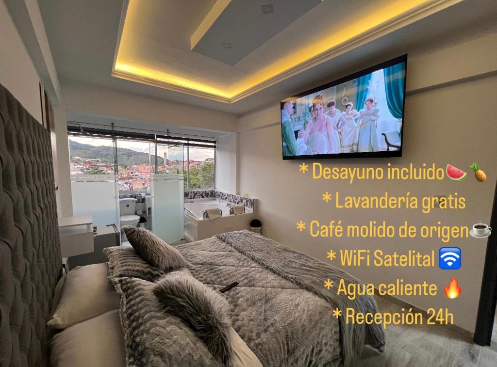AguadasHotel Casa Blanca的卧室配有一张床,墙上配有电视。
