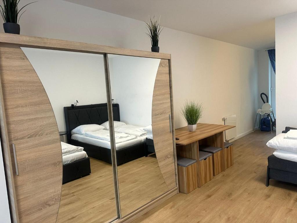 汉堡Ferienwohnung in Center of Hamburg-Barmbek-Airport-2的带镜子的房间和一间带床的卧室