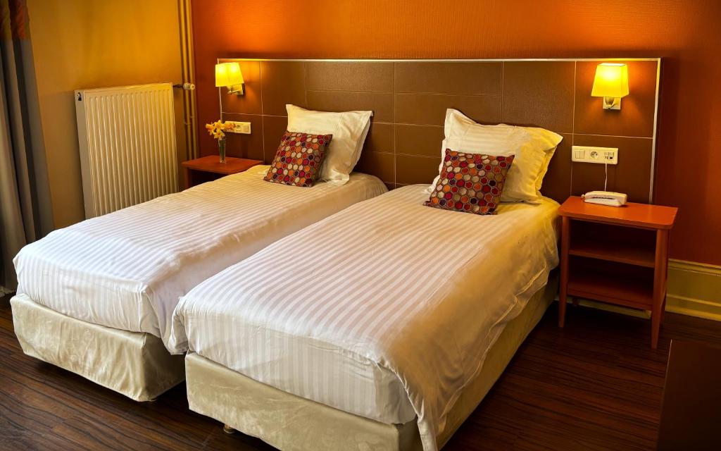 吕克瑟伊莱班Hotels & Résidences - Le Metropole的配有2盏灯的酒店客房的2张床