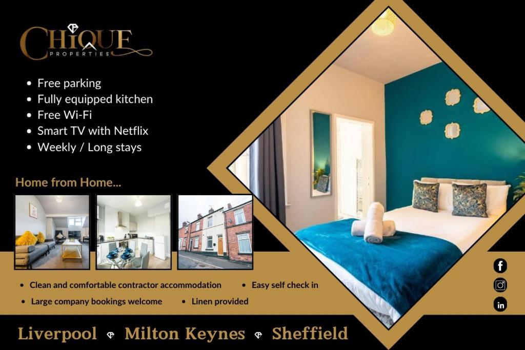 BrightsideSheffield Contractors Stays- Sleeps 6, 3 bed 3 bath house. Managed by Chique Properties Ltd的卧室三幅画的拼贴