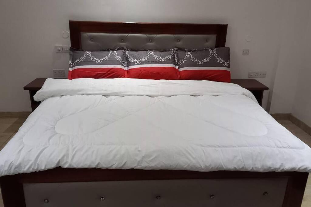 东勒贡Modern serviced apartment.的一张配有红色和白色枕头的大床