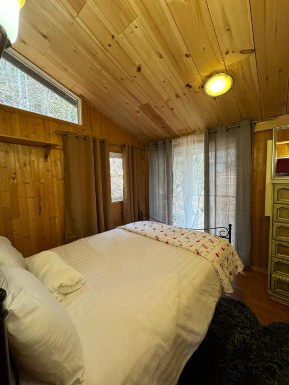 莫兰高地Chalet Alpin Suisse Au Bord Du Lac的小屋内的卧室配有一张白色大床