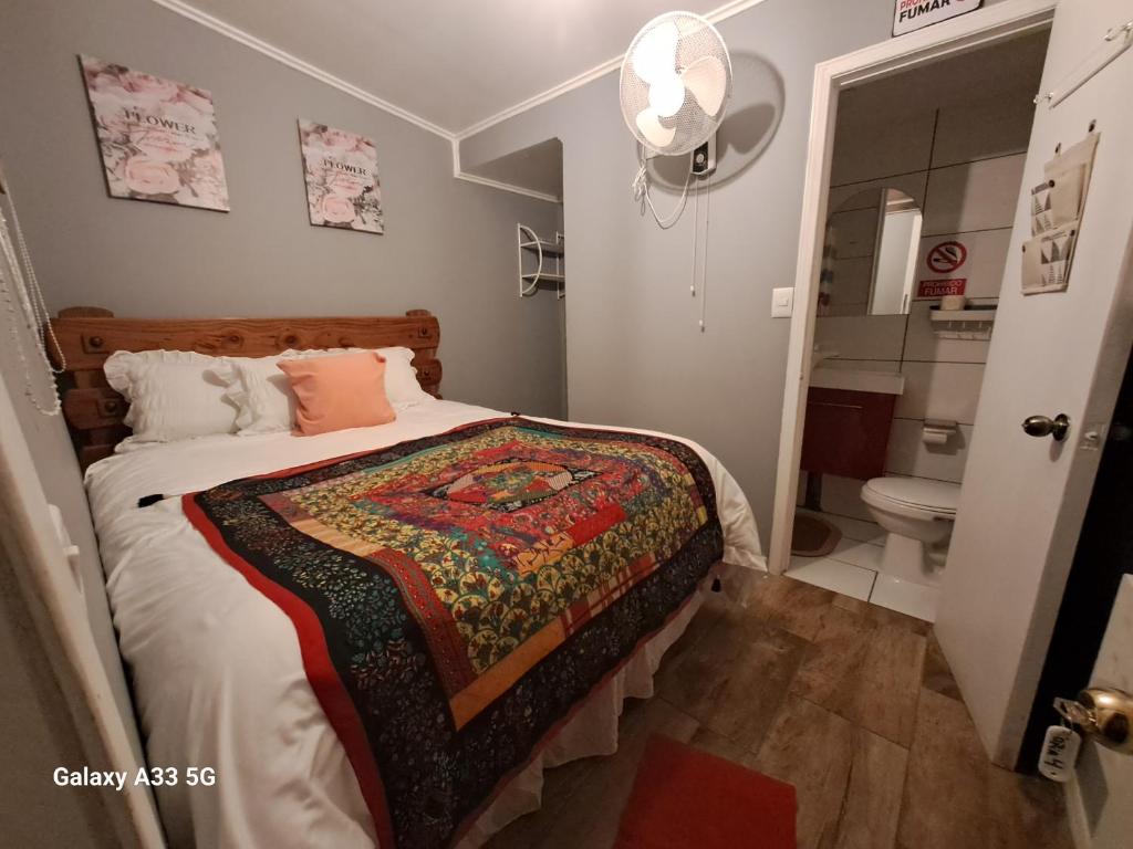 奇廉HOSTAL EL AROMO..的一间卧室配有一张床,浴室设有卫生间