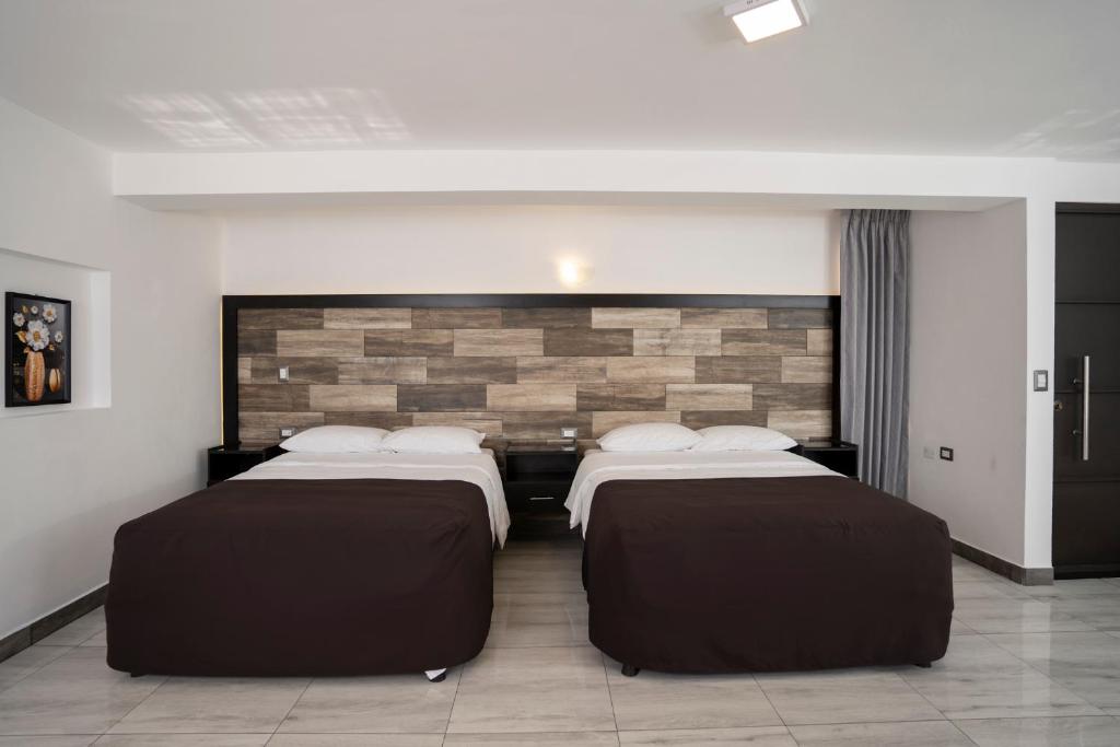 克萨尔特南戈Hotel Luna de Plata Aeropuerto的砖墙客房的两张床