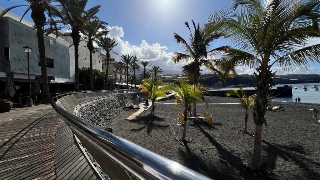 吉亚德伊索拉ALCAMAR, Penthouse for rent with beautiful views in Playa de San Juan!的棕榈树和海洋的沙滩