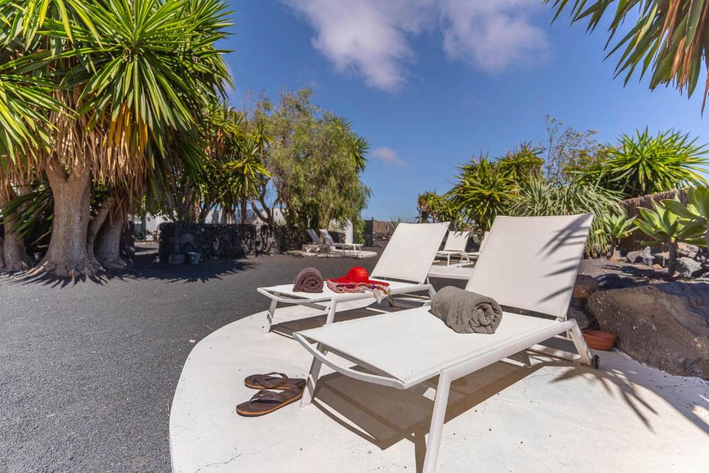 圣巴尔托洛梅卡塞里奥德莫扎佳乡间别墅酒店的两把白色椅子坐在棕榈树庭院