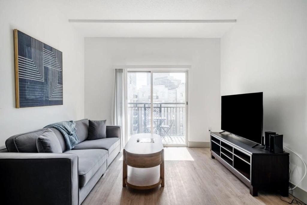 夏洛特4B 3BA Premium Family Apartment with Gym的带沙发和平面电视的客厅