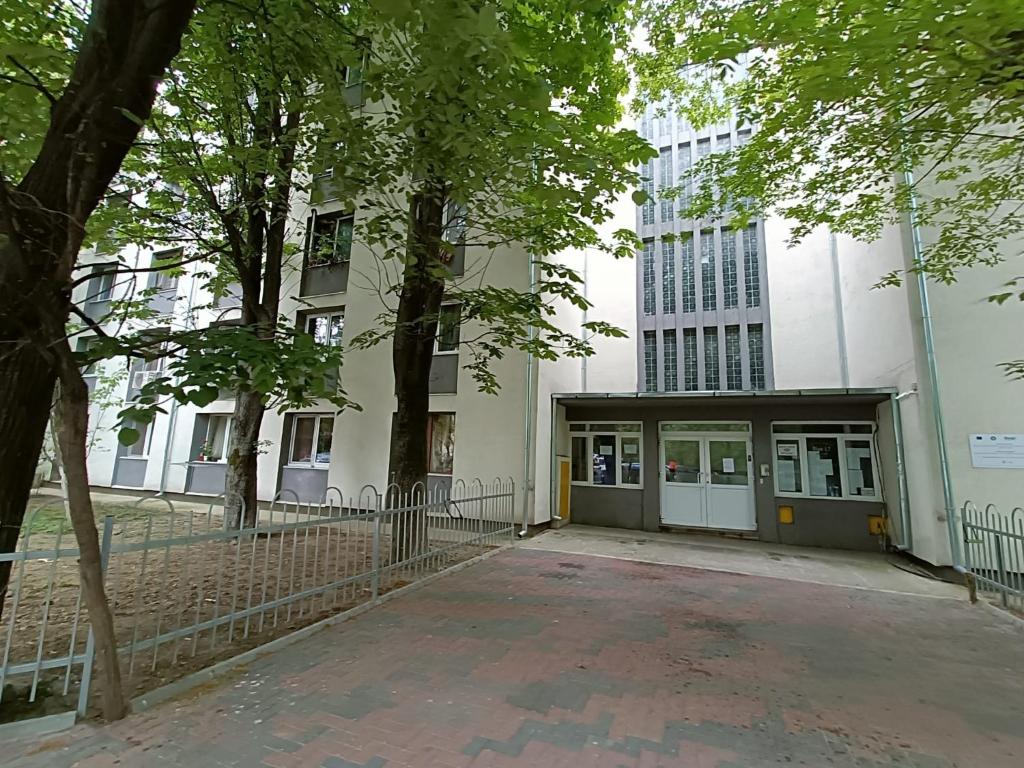 布加勒斯特Studio Grigorescu的一座白色的大建筑,有门和树木
