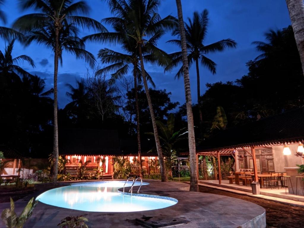 SorongjukungTahlia's Villa的棕榈树的夜间游泳池