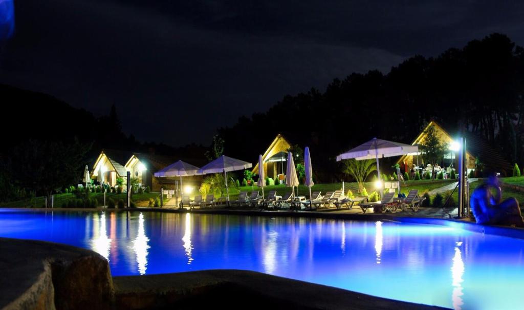 哈兰迪雅·德·拉·维尔Complejo Rural La Coronilla的夜晚的游泳池,灯光蓝色