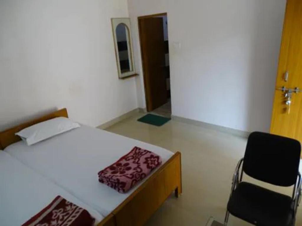 瓦拉纳西Hotel Teerth Guest House Inn Varanasi的一间卧室配有一张床和一把椅子