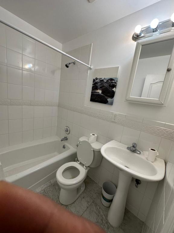 纽约Harlem House的白色的浴室设有卫生间和水槽。