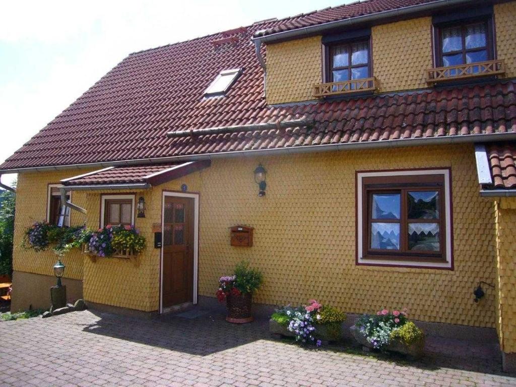 比尔克斯Ferienwohnung Landidylle的黄色砖屋,设有门窗