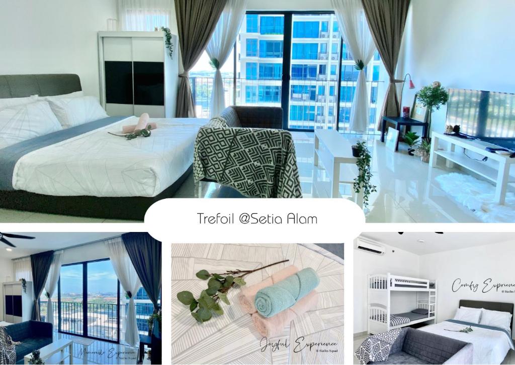 莎阿南6Pax Suites Setia City Convention Trefoil Shah Alam SiS Homestay的照片拼贴的酒店房间