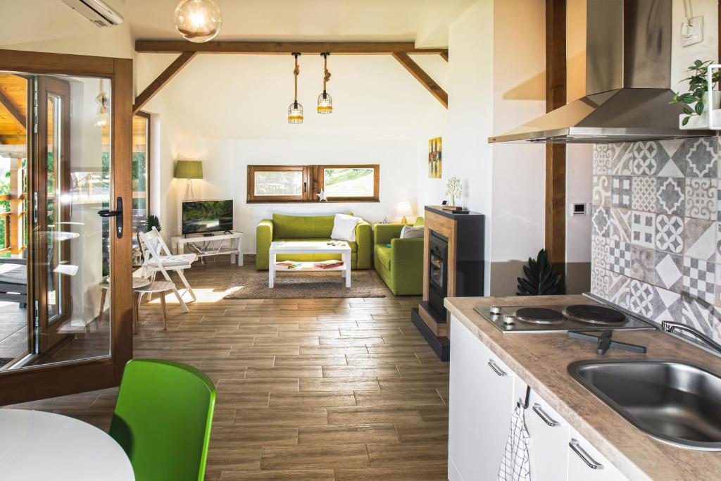 SopotLIPA houses & spa的厨房和带绿椅的客厅