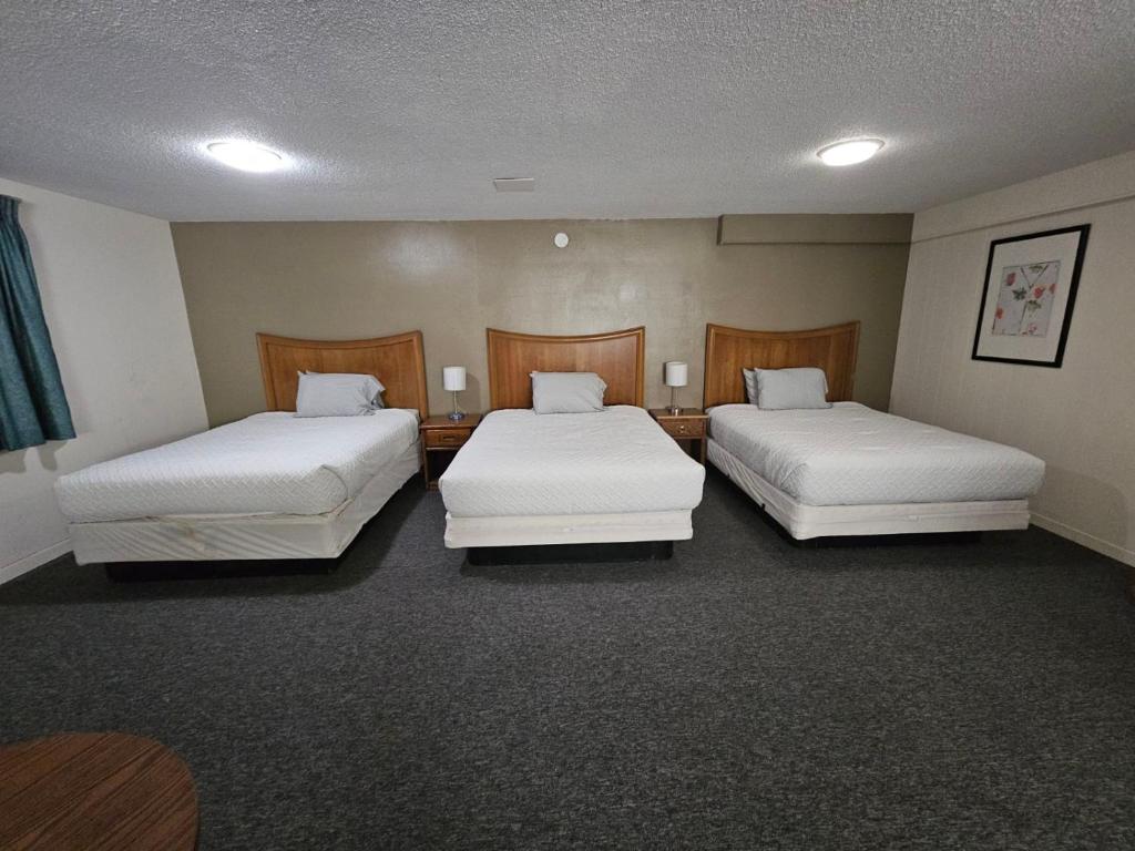 黑斯廷斯Hastings Inn的配有白色床单的酒店客房内的两张床
