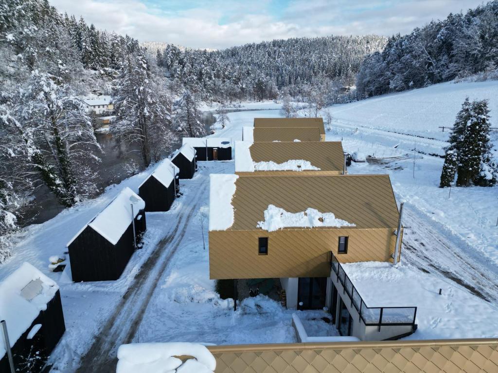 菲希塔赫Adventure Camp Schnitzmühle的屋顶上积雪覆盖的房子