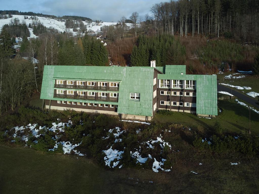 济泽罗河畔帕塞基Hotel Albert的地表上带有绿色屋顶的建筑