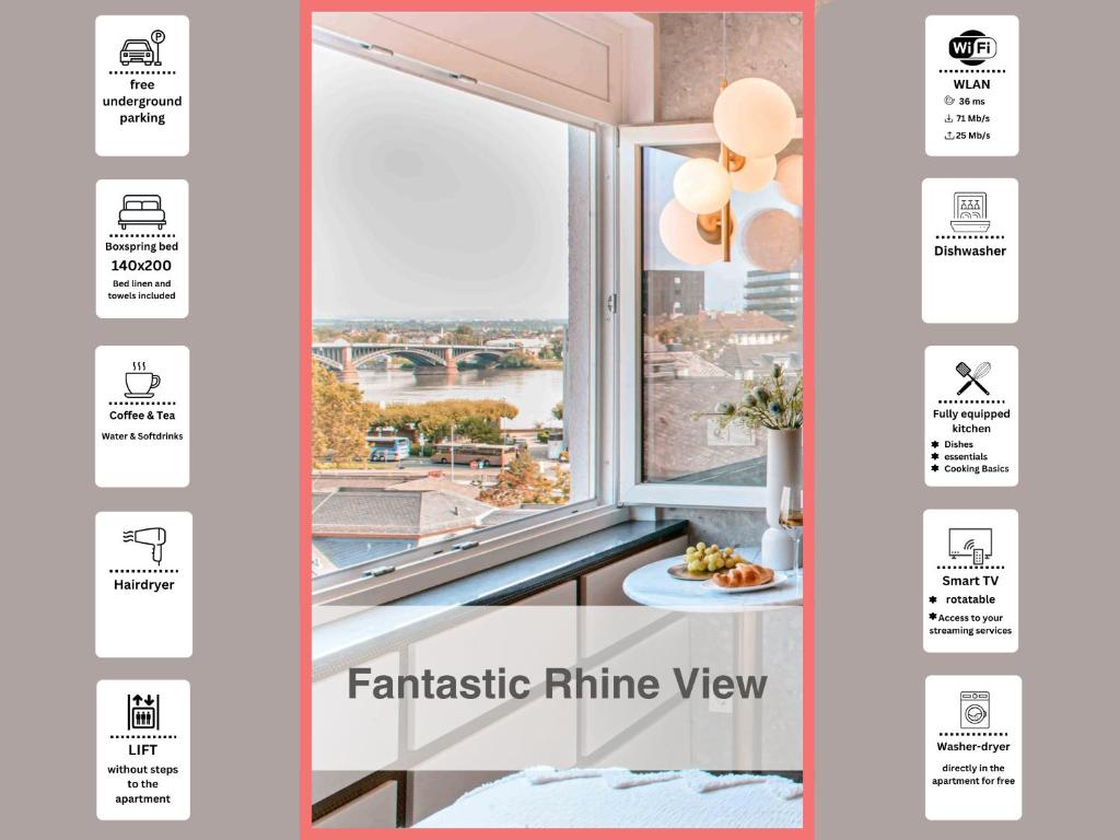 美因茨Hidden Treasure Business Apartment Mainz - fantastic Rhine view in center of Mainz old town的客房设有美景窗户。